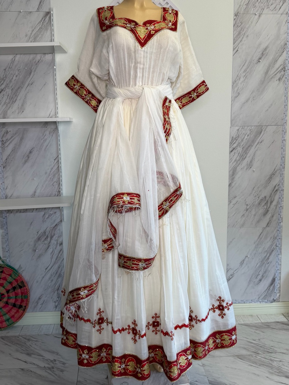 White Maxi Dress with Red Embroidered Trim and Sash